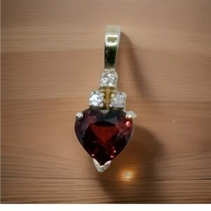 Vintage Dainty Garnet And Diamond Heart Pendant 9k Yellow Gold .58 Gm